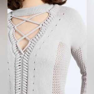 Minnie Rose grey V-Neck Sweater with Crisscross Detail